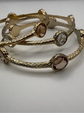 Set of 3 Hammered Gold Bangle Bracelets Champagne Clear Crystal Stacking Set